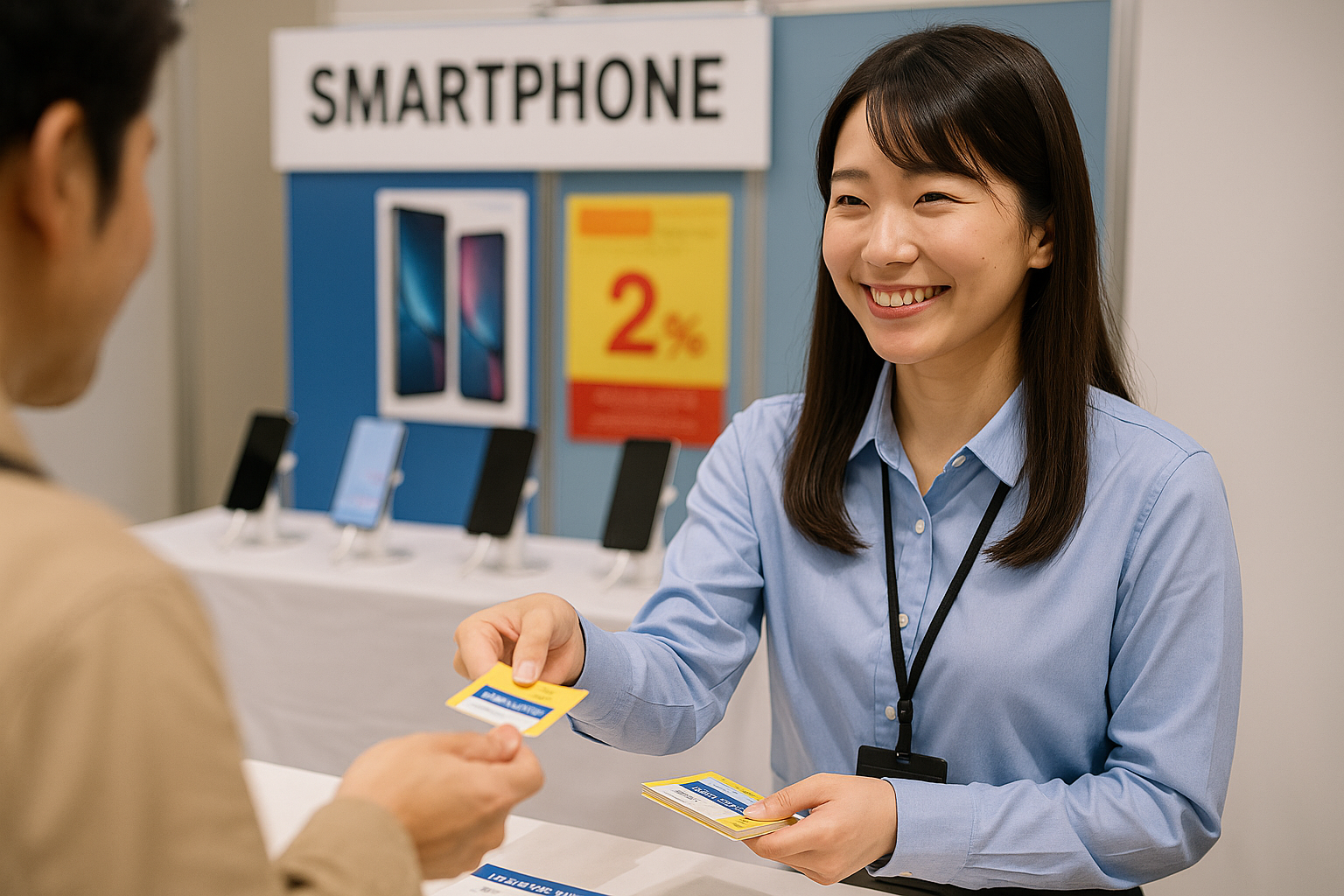 スマホ販売イベントでチケットを配券する女性スタッフ（アウトソーシング事業）